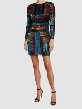 Aidan Mattox Multicolor Sequin Long-Sleeve Dress